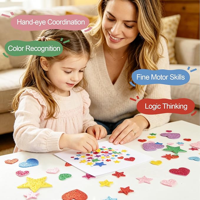 BEISHIDA 1040 PCS Glitter Foam Stickers, Heart Stars Shapes Self-Adhesive - Image 4