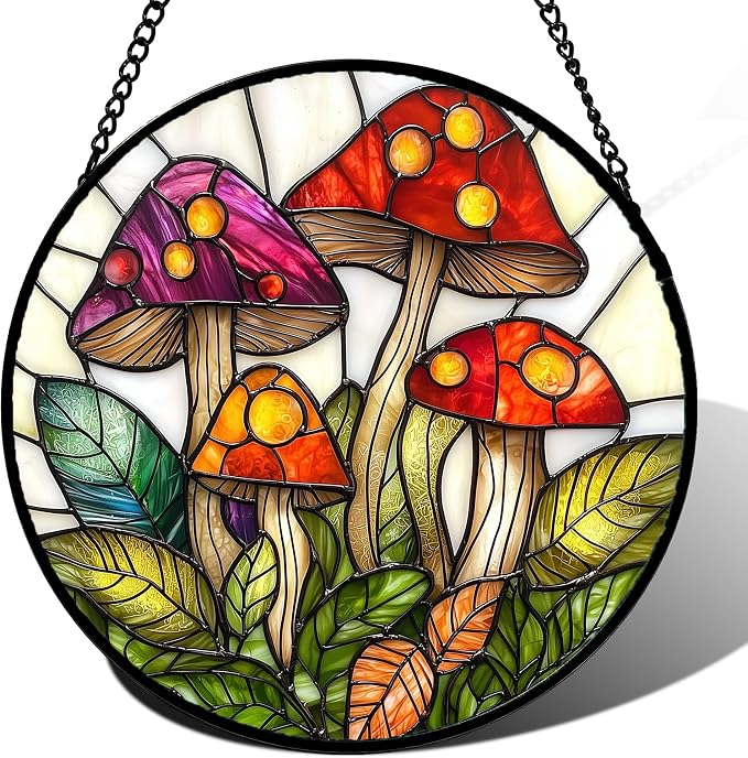 DASTOLL Stained Glass Window Hanging, Mushroom Leaves Suncatcher by DASTOLL
