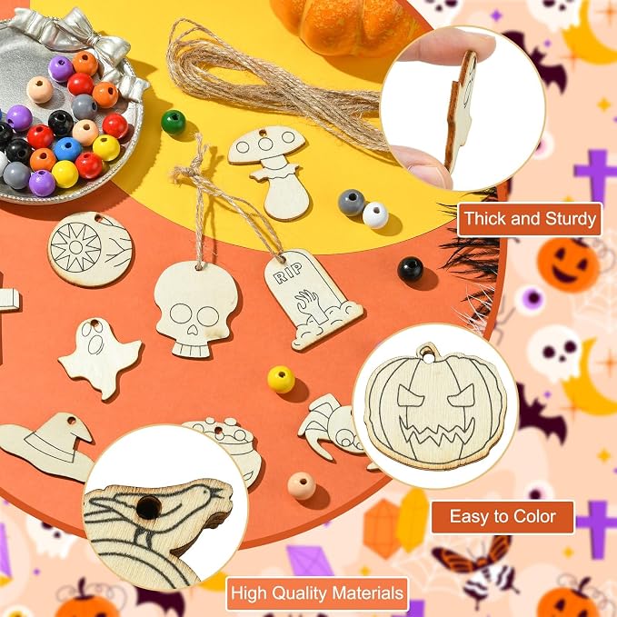 54 pcs Mixed Styles Halloween Theme Unfinished Wood Cutout Charms Cross Spider - Image 3