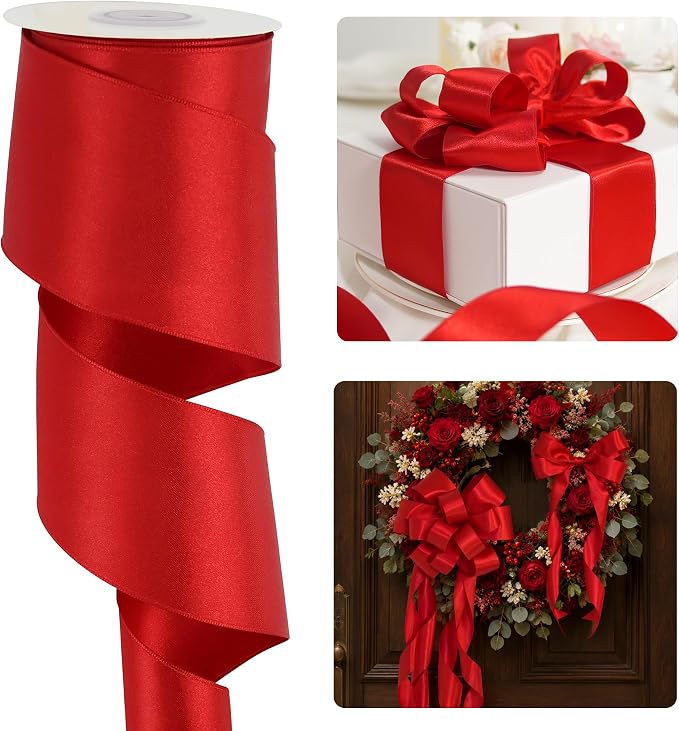 HUIHUANG Red Wired Satin Ribbon 2.5 inch Red Wire Edge Ribbon by HUIHUANG