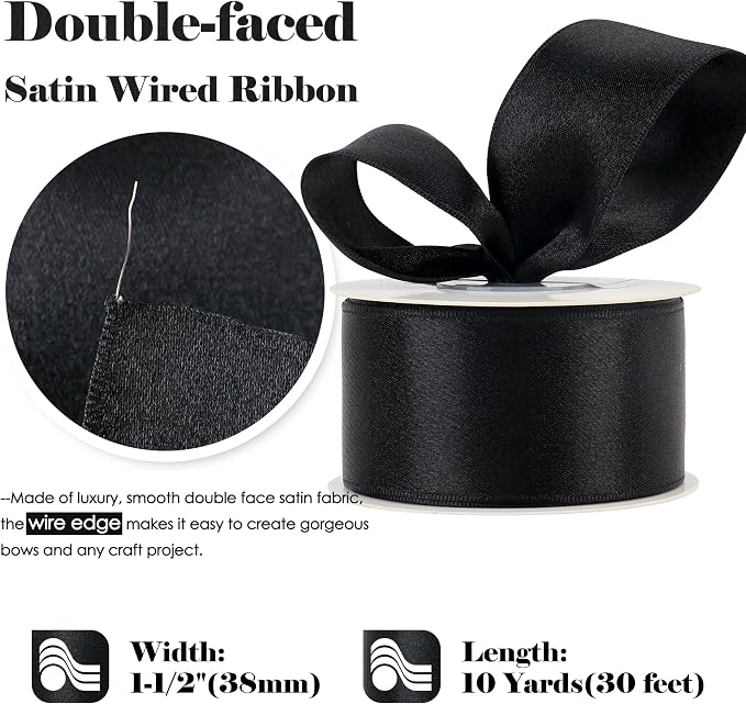 HUIHUANG Black Satin Wired Ribbon 1-1/2 inch Double-Faced Satin Wire Edge Ribbon - Image 2