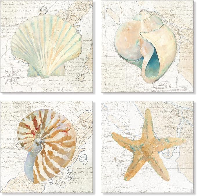 Seashell Bathroom Decor Cream Color Seashell Starfish Canvas Wall Art Nautical by JAPOART