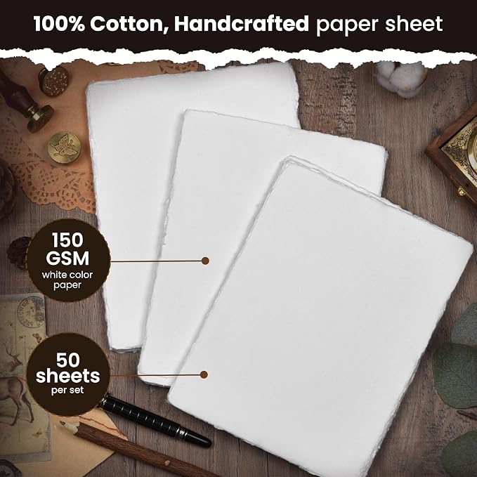 LEATHER VILLAGE Offwhite Deckled Edge Handmade Watercolor Paper 5x7 | 50 Sheets - Image 3