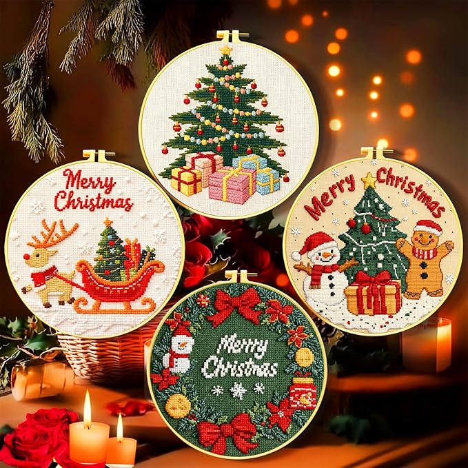 Zhenqing 4 Pack Christmas Stamped Cross Stitch Kit, 11CT Printed Santa Reindeer - Image 2