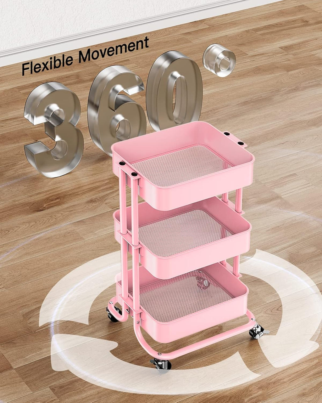 Pipishell 3-Tier Metal Rolling Utility Cart, Heavy-Duty Storage Cart with 2 Lockable Wheels, Multifunctional Mesh Organization Cart for Kitchen Dining Room Living Room (Pink)