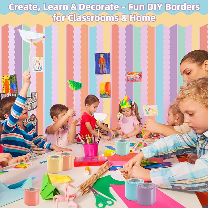 6 Rolls 196.8 Ft Pastel Bulletin Board Borders – Scalloped Classroom Summer - Image 3
