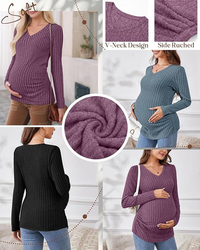 Ficerd 3 Pack Women's Maternity Shirts Ribbed Long Sleeve Pregnancy Tops V Neck Knit Side Ruched Pregnant Clothes Sweater