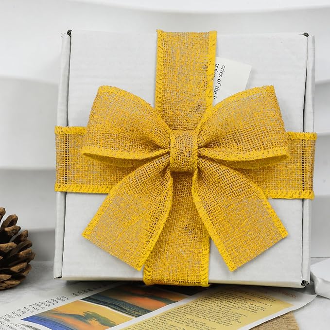 Gold Yellow Burlap Ribbon 1-1/2 in X 10 Yard Yellow Wired Ribbon | Natural - Image 5