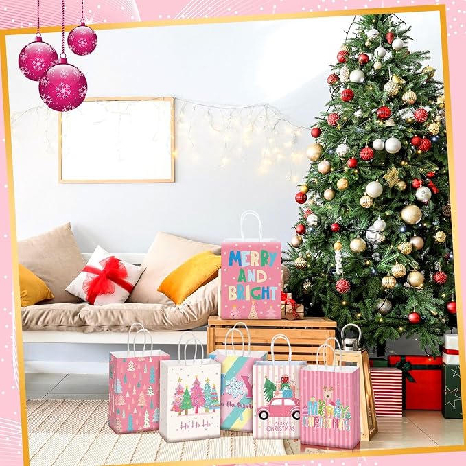 Kolldenn 24 Pcs Pastel Christmas Party Favors Bags Pink Christmas Goodie Gift - Image 5