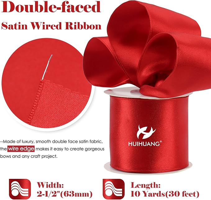 HUIHUANG Red Wired Satin Ribbon 2.5 inch Red Wire Edge Ribbon - Image 2