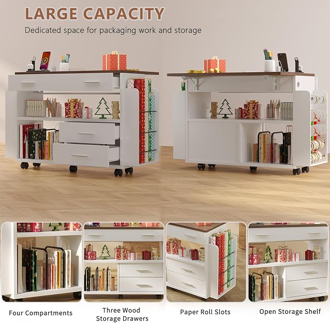 Gift Wrap Storage Cart with Foldable Drop Leaf, Crafting Table with Storage | - Image 7