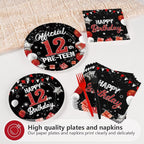 96Pcs Red and Black Party Decorations Happy 12th Birthday Plates and Napkins 12 - Image 4