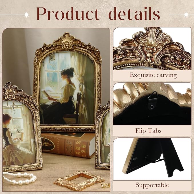 Wonderjune 3 Pcs Vintage Picture Frames Antique Set Baroque Ornate Gold Arched - Image 3