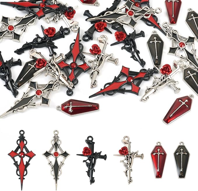 Cheriswelry 24Pcs Gothic Cross Charms Enamel Rhinestone Crucifix Pendants by Cheriswelry
