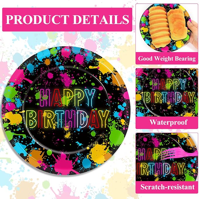 48Pcs Neon Glow in the Dark Paper Plates and Napkins Neon Birthday Party - Image 3