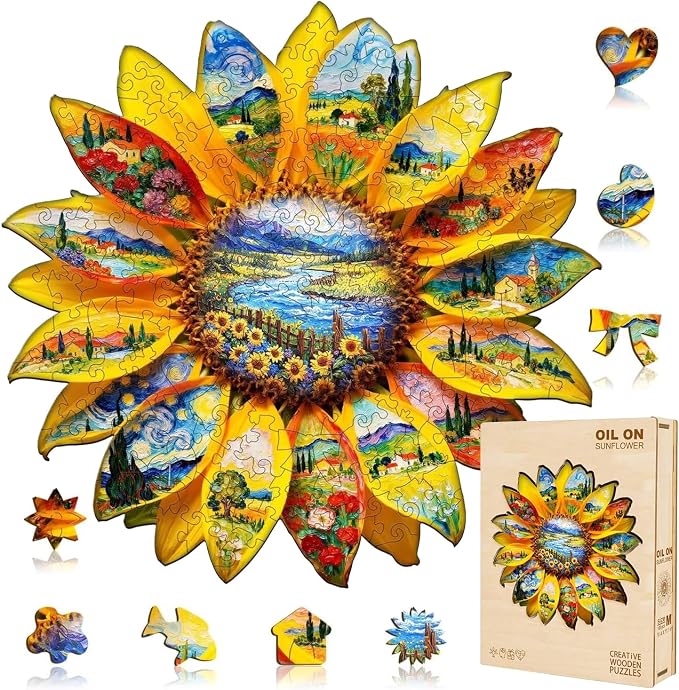 Sunflower Oil Painting Puzzles Adults Gifts Wooden 100 Pieces 8.5 * 8.3in by Jollitot