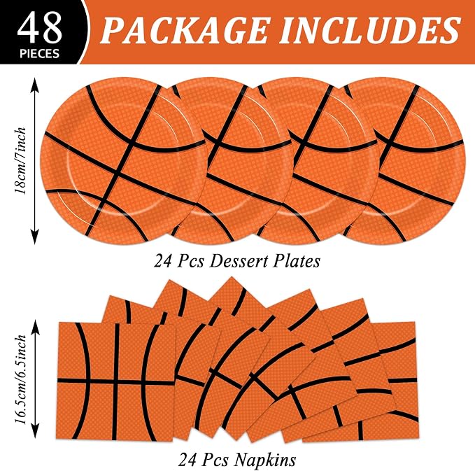 48Pcs Basketball Paper Plates and Napkins Basketball Birthday Party Decorations - Image 2