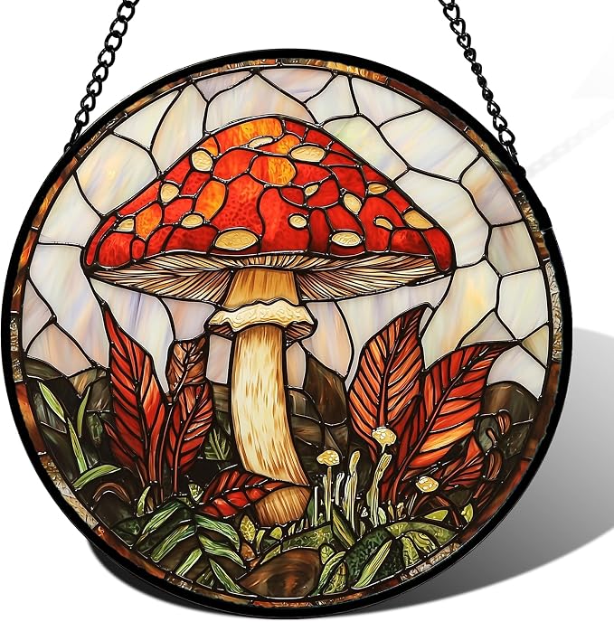 DASTOLL Stained Glass Window Hanging, Big Red Mushroom Suncatcher by DASTOLL