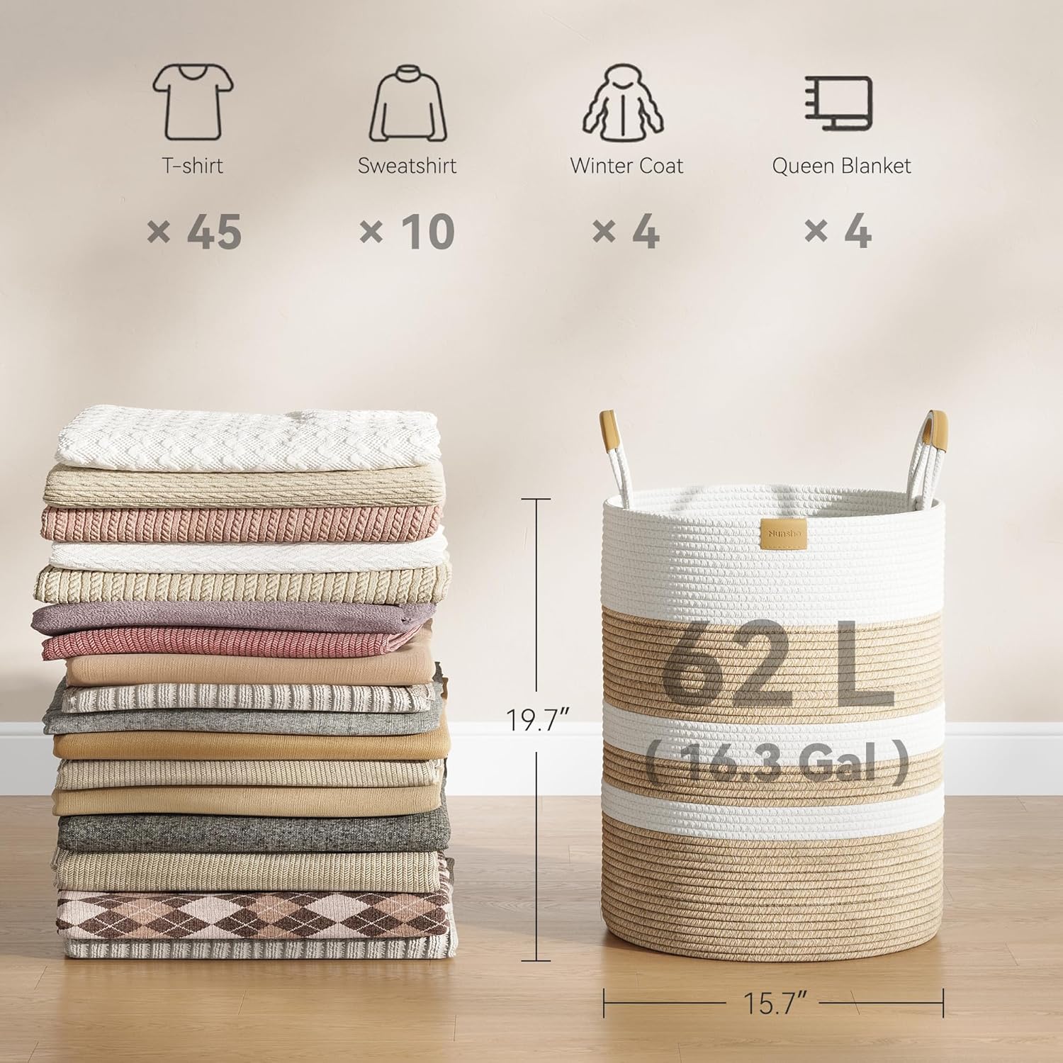 62L Striped Laundry Hamper with Leather Handles,Large Foldable Laundry Basket for Clothes,Cotton Rope Storage Bin for Blankets,Woven Clothes Basket for Bedroom, Beige Stripes