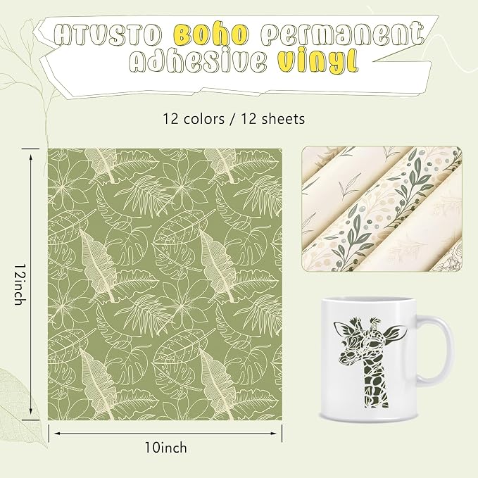 Sage Green Boho Permanent Adhesive Vinyl 12 Sheets 12'' x 10'' | Greenery Water - Image 2