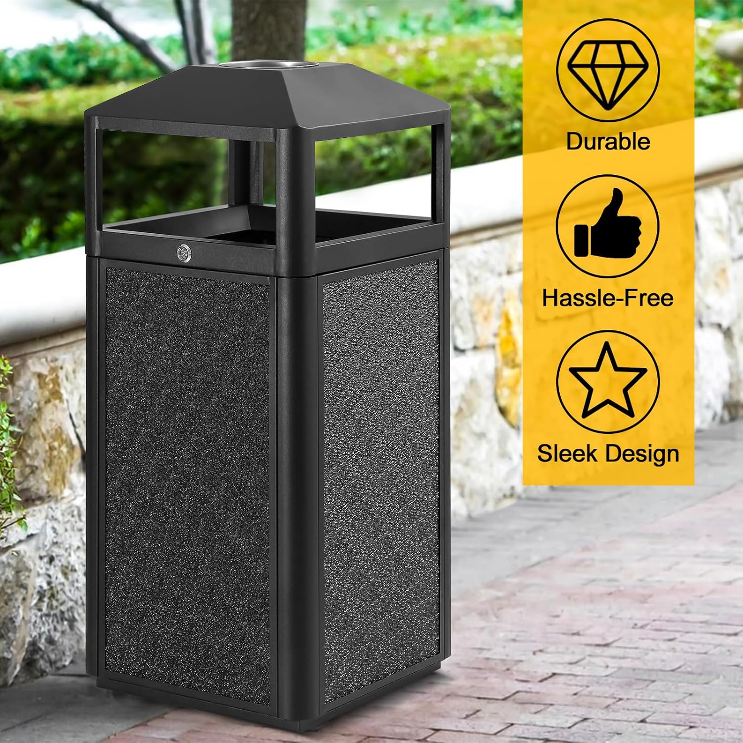 Square Waste Container with Dome Lid | Commercial Outdoor Garbage and Trash Container, Black, 15 Gallon