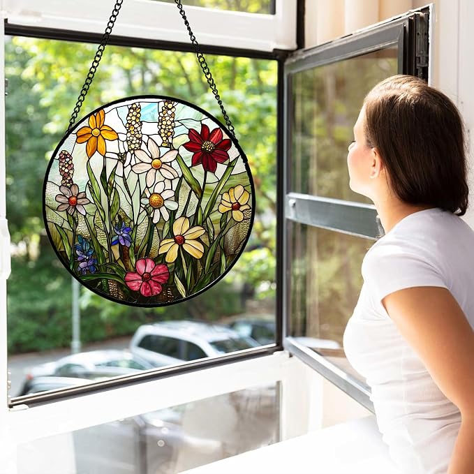DASTOLL Stained Glass Window Hanging, Colorful Wildflowers Plant Scenery - Image 2
