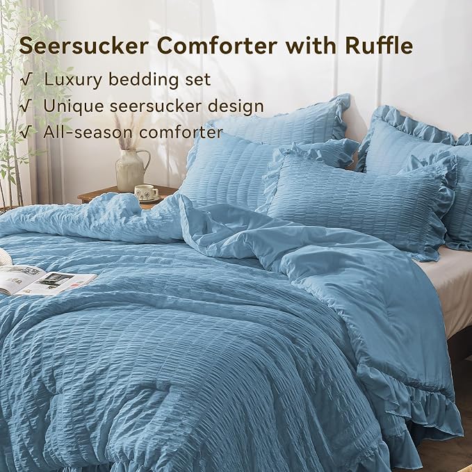 JOLLYVOGUE Queen Comforter Set, 3 Pieces Sea Blue Seersucker Comforters Queen - Image 3