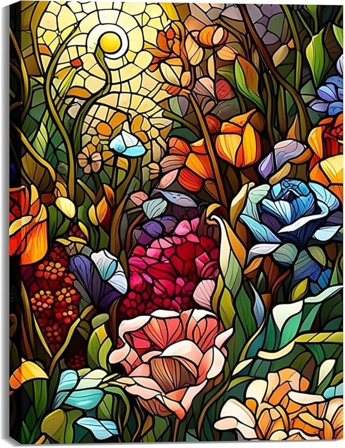 Flower Paint by Numbers Kit for Adults Beginner, Stained Glass Flowers Paint by by Fountor