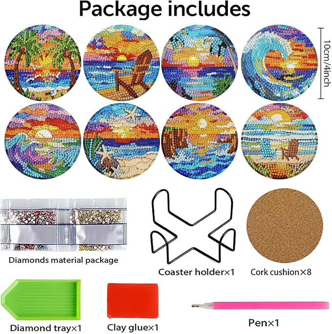 8 PCS Diamond Art Coasters Kits Sunset Beach Diamond Painting Coaster | Diamond - Image 2
