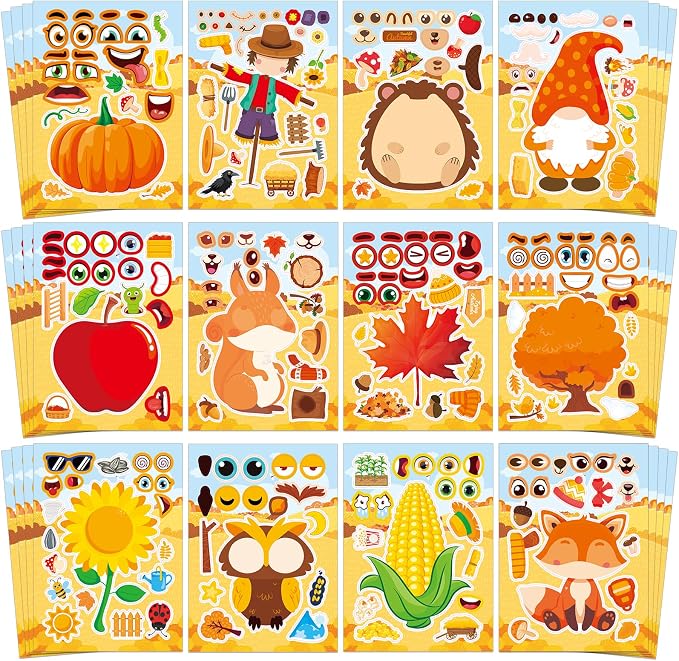 Aowplc 48 Sheets Fall Make a Face Stickers, 12 Designs Fun Fall Crafts by Aowplc