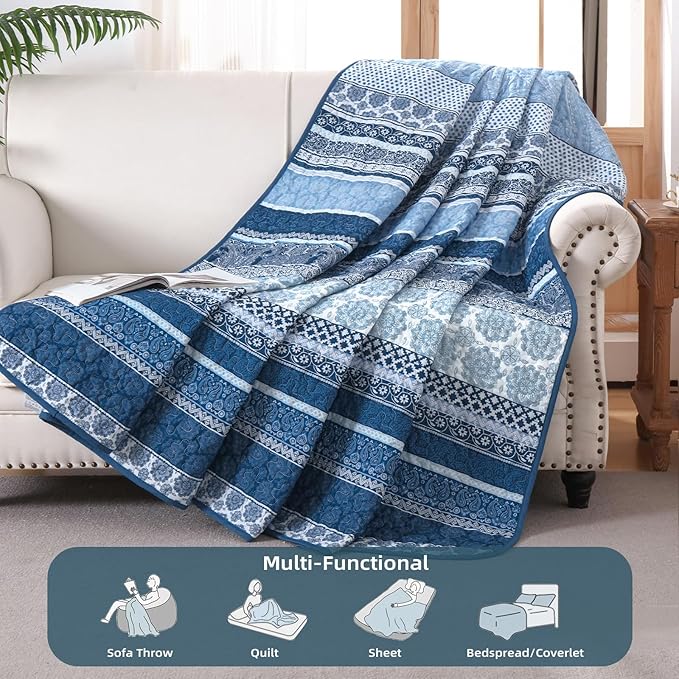 WONGS BEDDING Boho Quilt Set Queen Size, Lightweight Microfiber Bedspread - Image 3