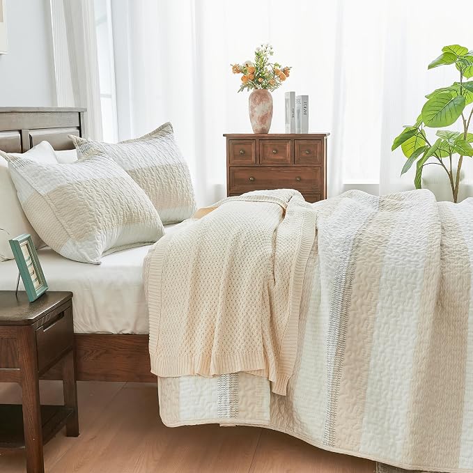 Andency Queen Quilt Bedding Set Beige, 3 Pieces Patchwork Beige Striped Ultra - Image 2