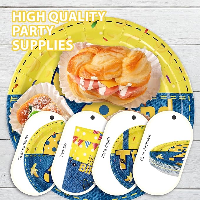 96 Pcs Yellow Cartoon 2nd Birthday Party Supplies Yellow Jeans Banana Plates - Image 6