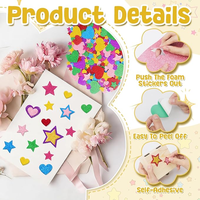 Foam Stickers, 7 Sheets 3D Glitter Foam Heart Stickers - Image 3