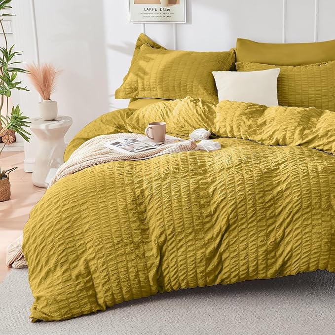 HYMOKEGE Mustard Yellow King Size Comforter Set Seersucker 7 Pieces, All Season - Image 2