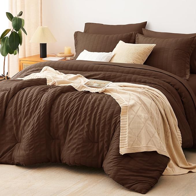 CozyLux Queen Comforter Set Brown Seersucker 7 Pieces Bed in a Bag Queen by CozyLux