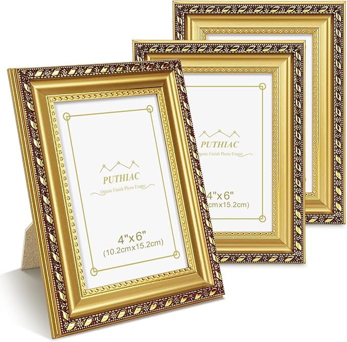 puthiac 4x6 Gold Picture Frame Set of 3, Vintage Ornate Decorative Photo Frames by PUTHIAC