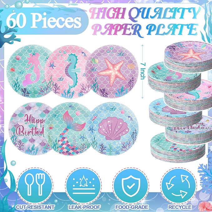 Funnymoom 60 Pcs Mermaid Birthday Party Decor 7 Inch Mermaids Dessert Paper - Image 2