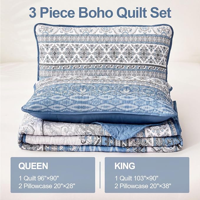 WONGS BEDDING Boho King Quilt Set, Light Blue Bohemian King Quilt Bedding Set - Image 6