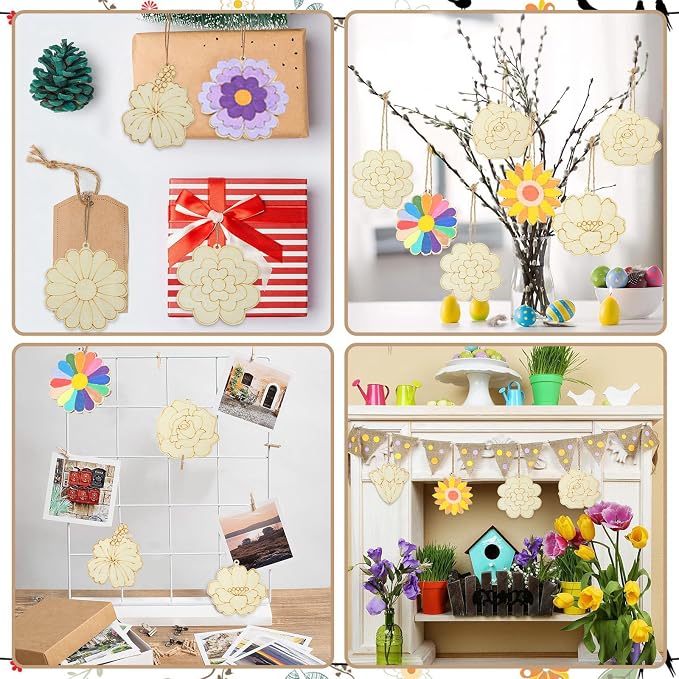 16 pcs Mixed Styles Cute Flower Theme Undyed Wood Cutout Charms Spring - Image 7