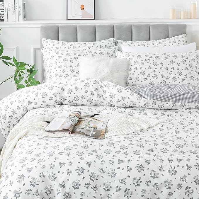 FADFAY Floral Duvet Cover Set Queen Size 100% Cotton Grey White Flower - Image 9