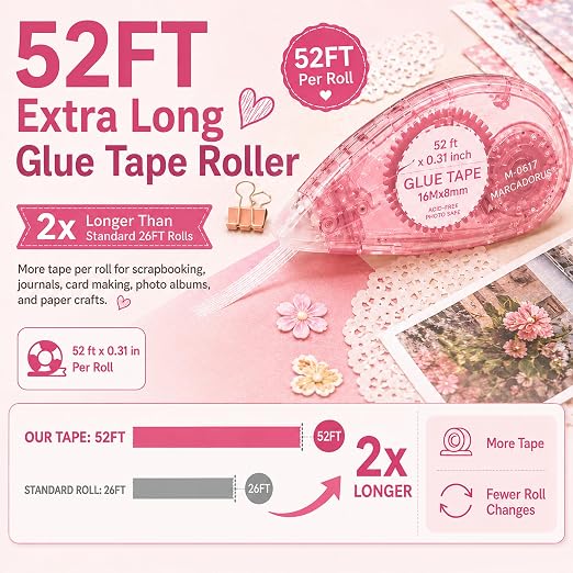 MARCADORUS Glue Tape Roller, Double Sided Tape Scrapbook 4 Pack Extra Long | - Image 2