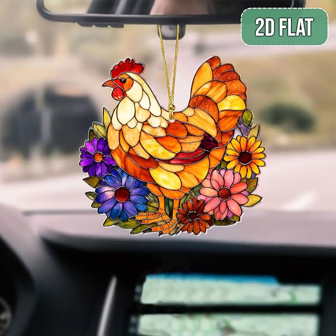 2D Flat Faux Stained Glass Chicken Acrylic Christmas Ornament, Hen Ornaments - Image 3