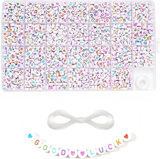 1400 Pieces 4x7mm White Round Acrylic Alphabet Letter Beads A-Z Heart Pattern by YYOODS