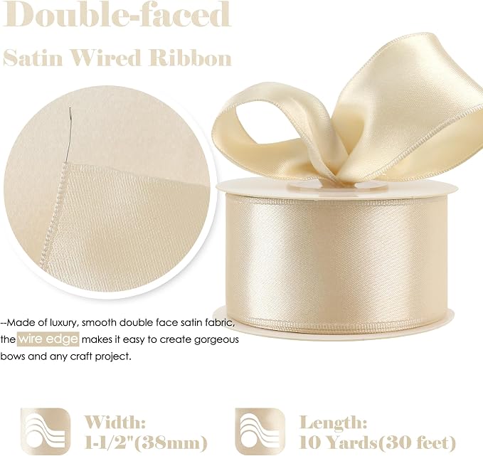 HUIHUANG Champagne Satin Wired Ribbon 1-1/2" Light Champagne Wire Edge Ribbon - Image 2