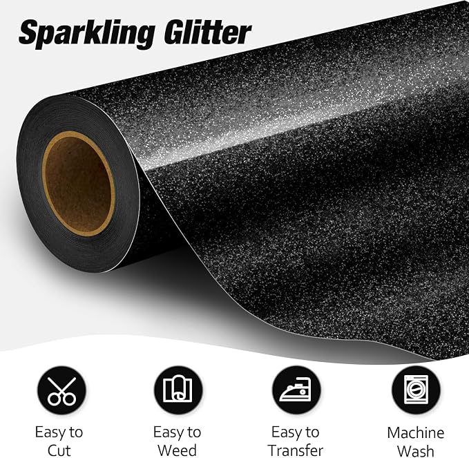 VinylRus Black Glitter HTV Heat Transfer Vinyl Roll-12 x 10ft Black Glitter HTV - Image 2