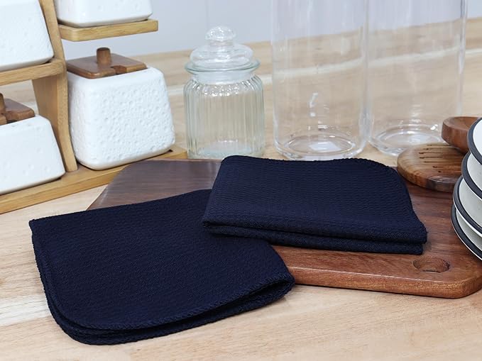 PurpleEssences Dish Cloths and Dish Rags - 8 Pack Waffle Weave Solid Kitchen Dish Wash Cloths, 100% Cotton, 12 x 12 Inches, Ultra Soft Absorbent Quick Drying - Fall Thanksgiving -Navy Blue