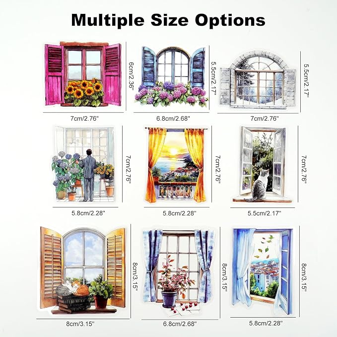 120PCS Watercolor Window PET Stickers – Scenic Views of Cats, Flowers & Cozy - Image 4