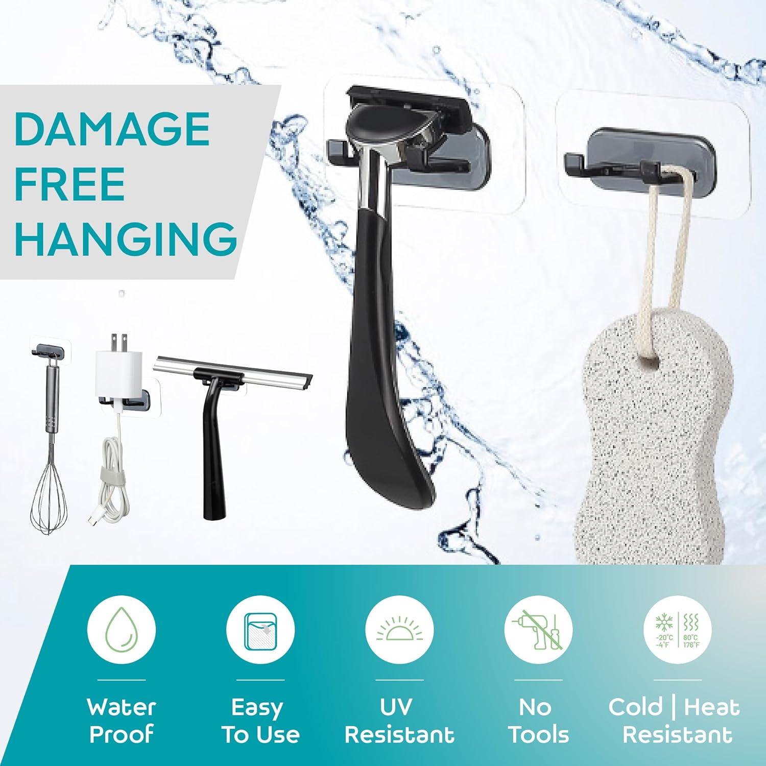 Hook LAB Self-Adhesive Shower Razor Holder, 2-Pack, Removable & Reusable Waterproof Hooks, for Towels, Bath Accessories, Kitchen & Bathroom Use - Black