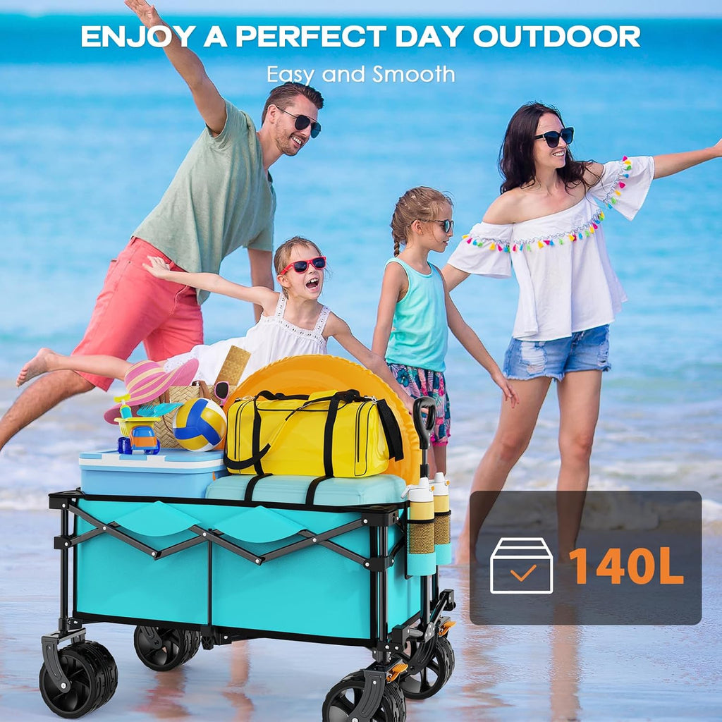 Collapsible Wagon Cart Heavy Duty Foldable, Folding Beach Wagon with Big Wheels for Sand, Utility Grocery Cart with Side Pocket and Brakes for Sports Outdoor Activities, Light Blue